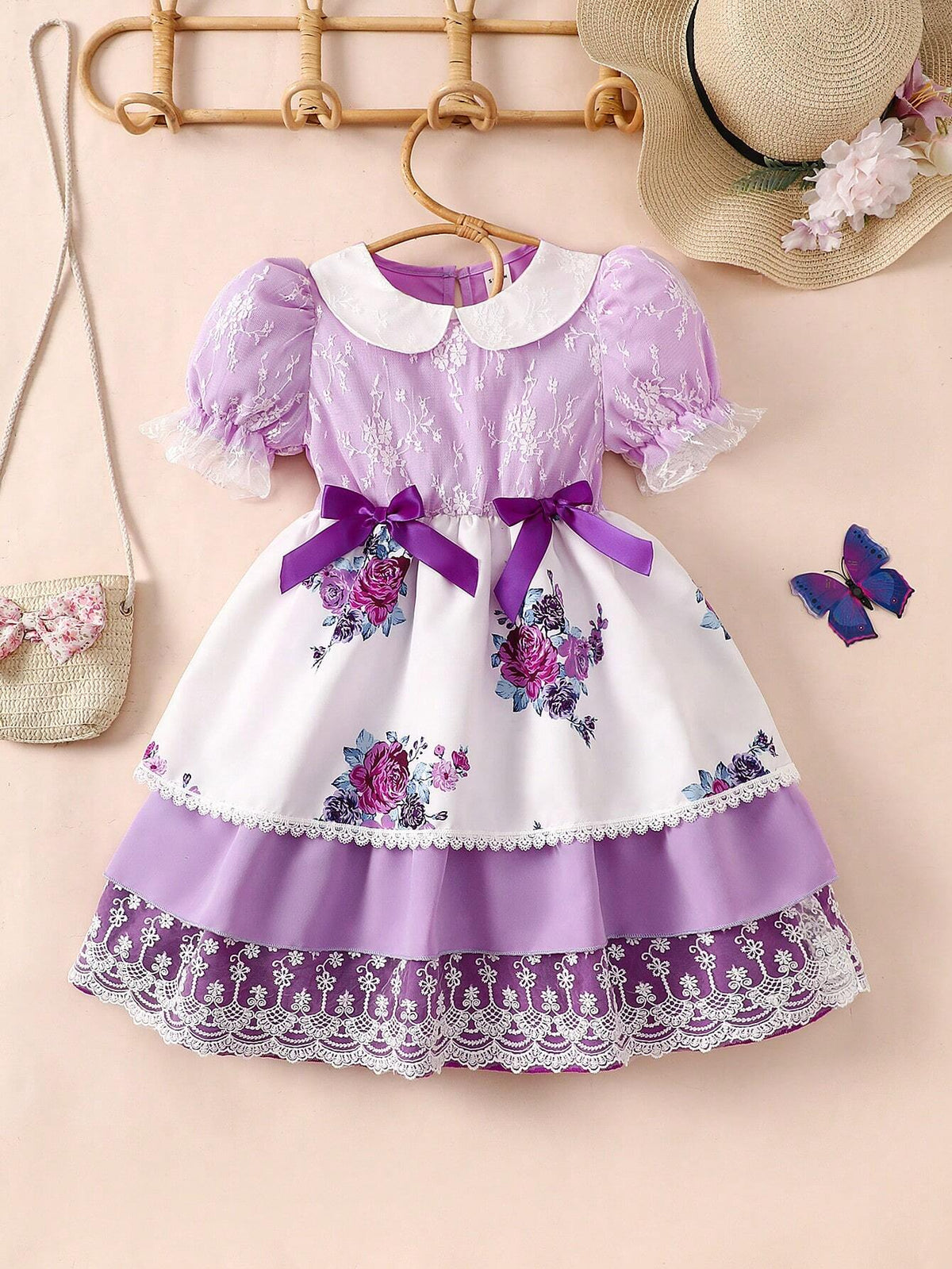 Young Girls' Purple Floral Printed A-Line Skirt With Bow Detail, Suitable For Romance And Elegance