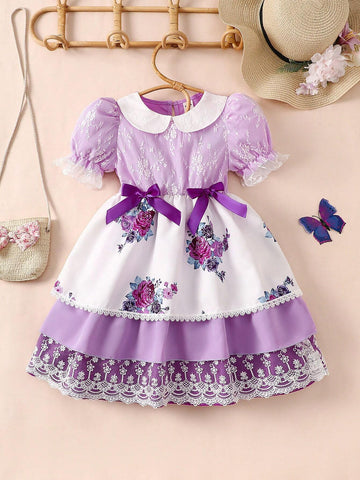 Young Girls' Purple Floral Printed A-Line Skirt With Bow Detail, Suitable For Romance And Elegance