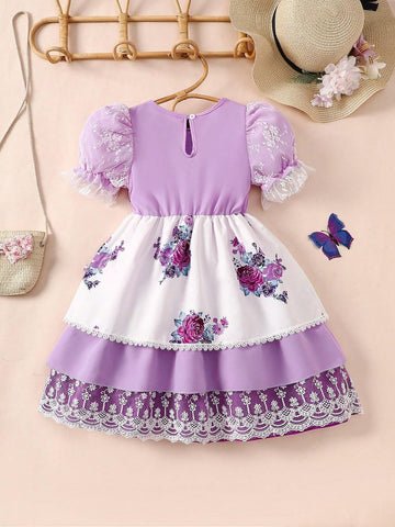 Young Girls' Purple Floral Printed A-Line Skirt With Bow Detail, Suitable For Romance And Elegance