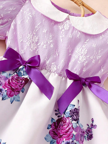 Young Girls' Purple Floral Printed A-Line Skirt With Bow Detail, Suitable For Romance And Elegance