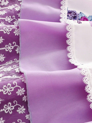 Young Girls' Purple Floral Printed A-Line Skirt With Bow Detail, Suitable For Romance And Elegance