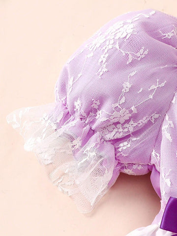 Young Girls' Purple Floral Printed A-Line Skirt With Bow Detail, Suitable For Romance And Elegance