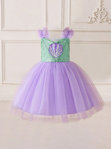 Young Girls Purple Gradient Mesh Princess Tutu Dress, Suitable For Cosplay Party