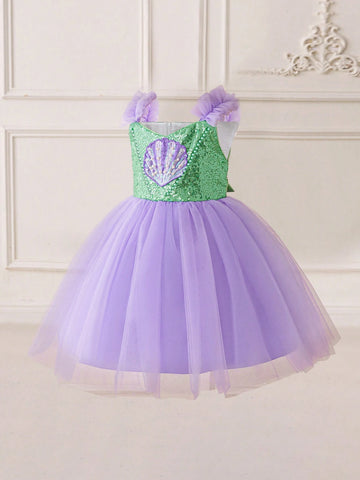 Young Girls Purple Gradient Mesh Princess Tutu Dress, Suitable For Cosplay Party