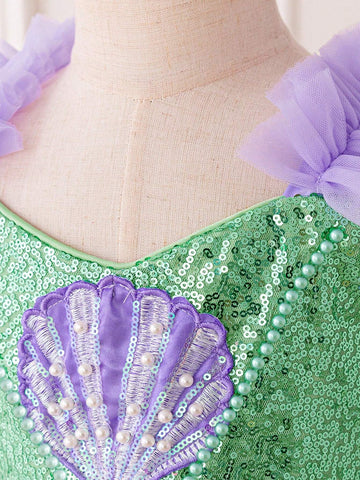 Young Girls Purple Gradient Mesh Princess Tutu Dress, Suitable For Cosplay Party