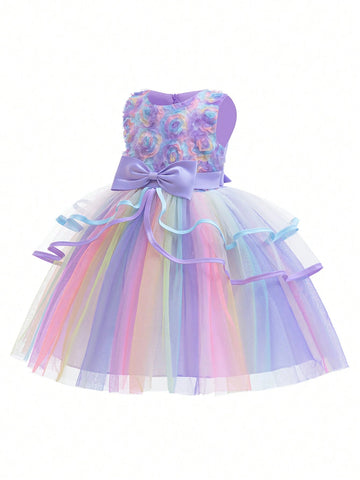 Young Girls Purple Ombre Mesh Princess Dress, Suitable For Role-Playing Parties