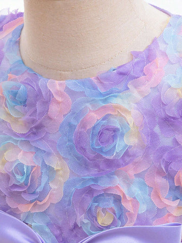 Young Girls Purple Ombre Mesh Princess Dress, Suitable For Role-Playing Parties