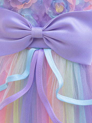 Young Girls Purple Ombre Mesh Princess Dress, Suitable For Role-Playing Parties