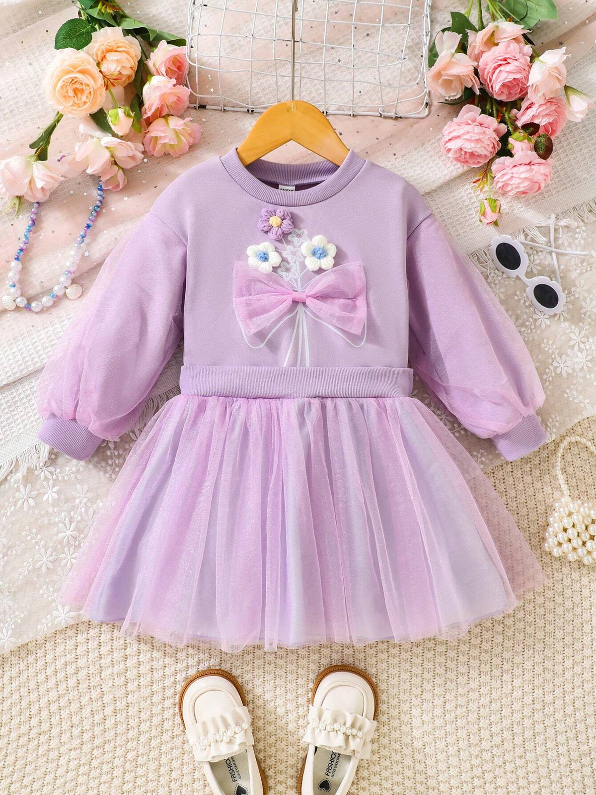 Young Girls' Purple Puff Sleeve Bowknot Floral Graphic Creative Interesting Sweatshirt Dress, Suitable For Autumn