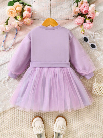 Young Girls' Purple Puff Sleeve Bowknot Floral Graphic Creative Interesting Sweatshirt Dress, Suitable For Autumn