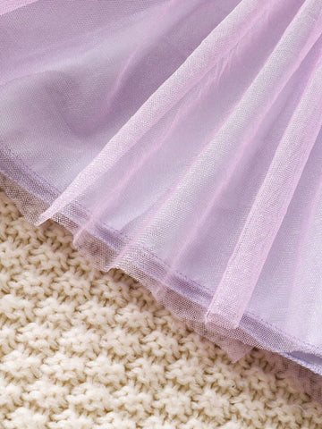 Young Girls' Purple Puff Sleeve Bowknot Floral Graphic Creative Interesting Sweatshirt Dress, Suitable For Autumn