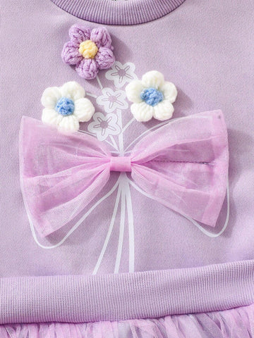 Young Girls' Purple Puff Sleeve Bowknot Floral Graphic Creative Interesting Sweatshirt Dress, Suitable For Autumn