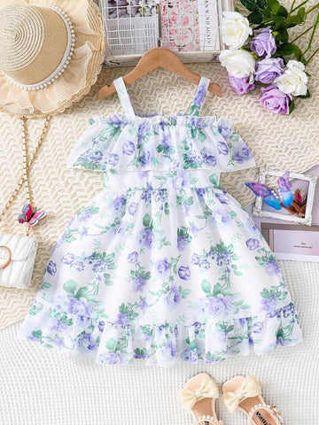 Young Girls' Purple Romantic Flower Print Off-Shoulder Waist-Tie Cami Dress, Summer