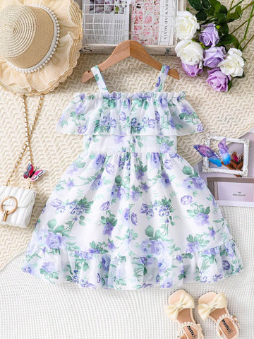 Young Girls' Purple Romantic Flower Print Off-Shoulder Waist-Tie Cami Dress, Summer