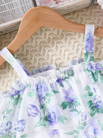Young Girls' Purple Romantic Flower Print Off-Shoulder Waist-Tie Cami Dress, Summer