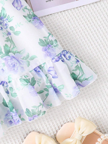 Young Girls' Purple Romantic Flower Print Off-Shoulder Waist-Tie Cami Dress, Summer