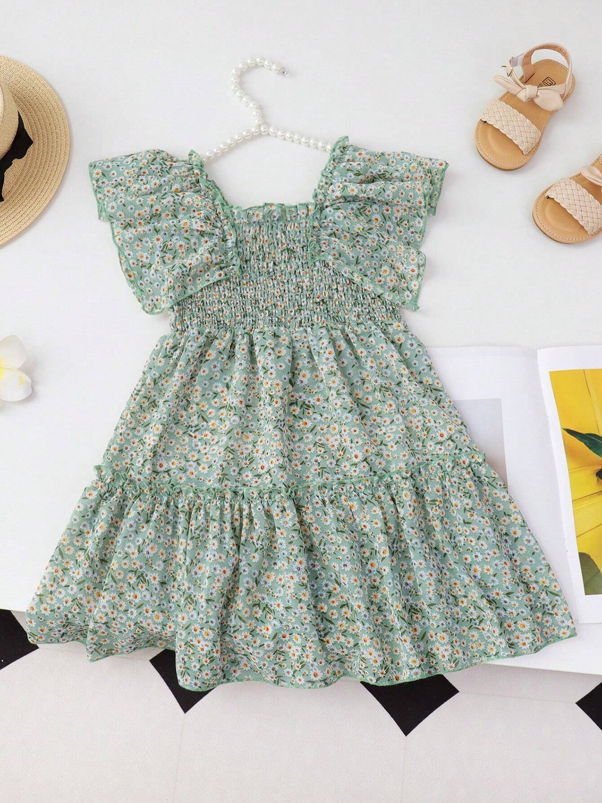 Young Girl's Rabbit & Ditsy Floral A-Line Dress With Frilled Hem, Summer
