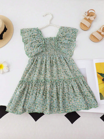 Young Girl's Rabbit & Ditsy Floral A-Line Dress With Frilled Hem, Summer