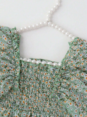 Young Girl's Rabbit & Ditsy Floral A-Line Dress With Frilled Hem, Summer