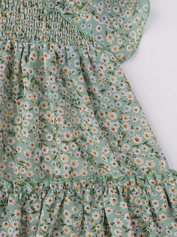 Young Girl's Rabbit & Ditsy Floral A-Line Dress With Frilled Hem, Summer