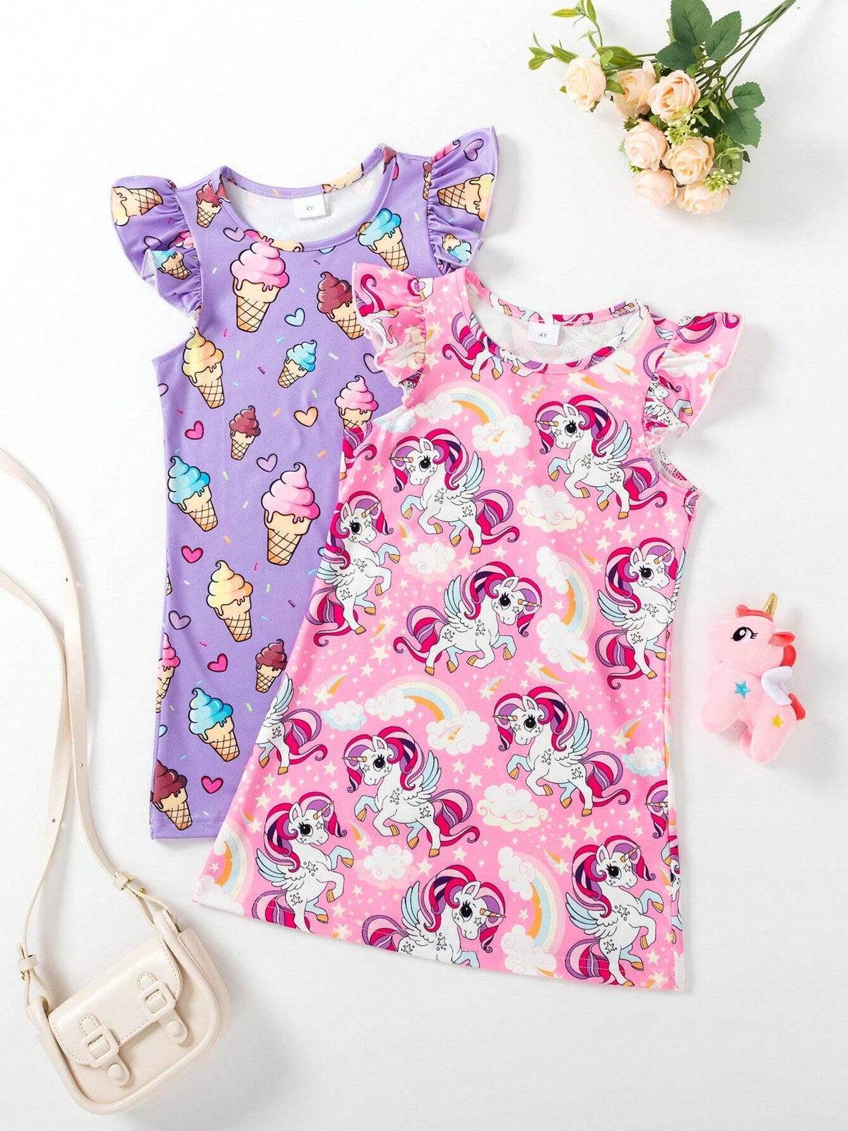 Young Girls' Rainbow Ice Cream Cap Sleeve Dress 2pcs Outfit Set