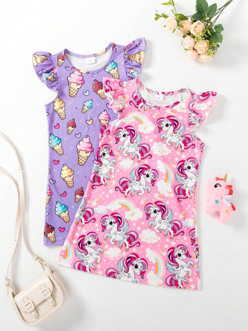 Young Girls' Rainbow Ice Cream Cap Sleeve Dress 2pcs Outfit Set