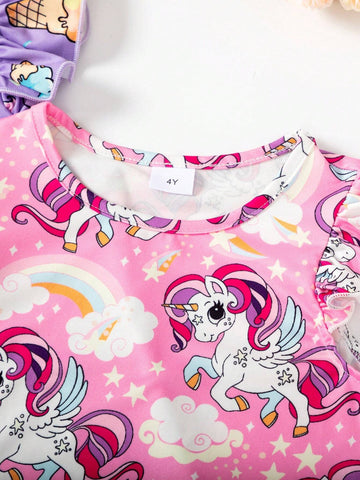Young Girls' Rainbow Ice Cream Cap Sleeve Dress 2pcs Outfit Set
