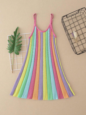 Young Girls' Rainbow Ice Silk Strap Dress