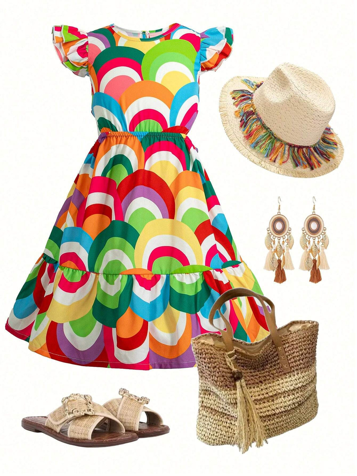 Young Girls Rainbow Printed Cap Sleeve Dress, Holiday & Leisure