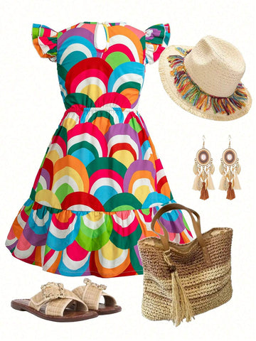 Young Girls Rainbow Printed Cap Sleeve Dress, Holiday & Leisure