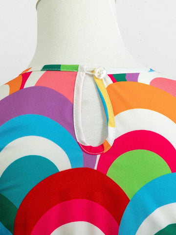 Young Girls Rainbow Printed Cap Sleeve Dress, Holiday & Leisure
