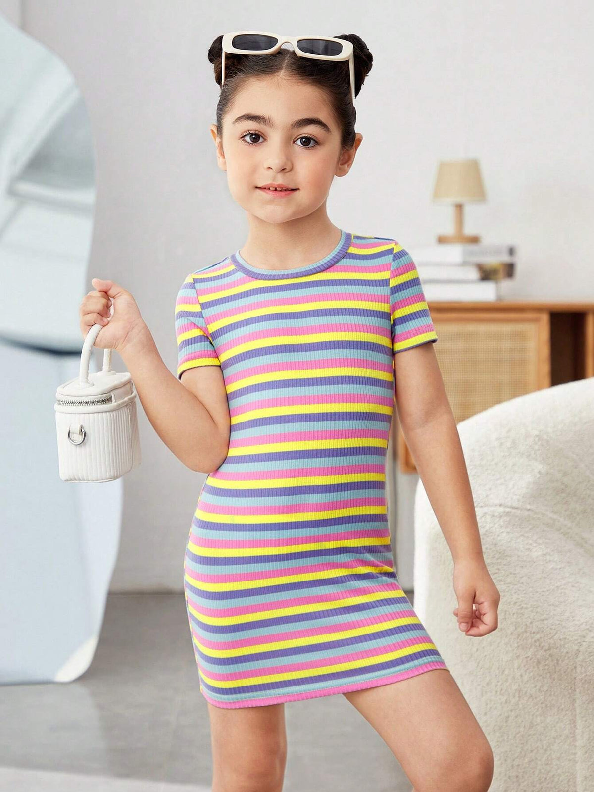 Young Girls Rainbow Striped Knitted Bodycon Dress