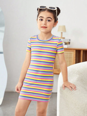 Young Girls Rainbow Striped Knitted Bodycon Dress