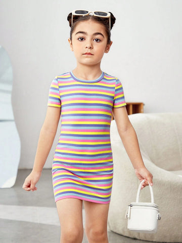 Young Girls Rainbow Striped Knitted Bodycon Dress