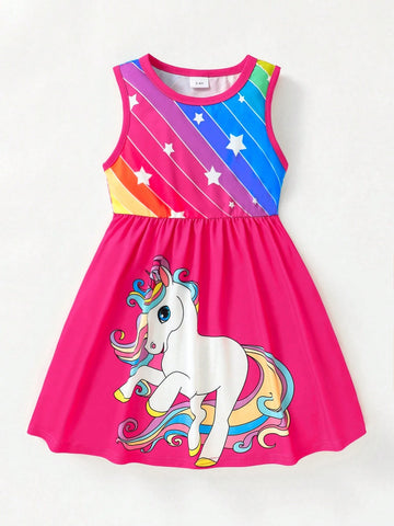 Young Girls Rainbow Unicorn Printed Summer Dress