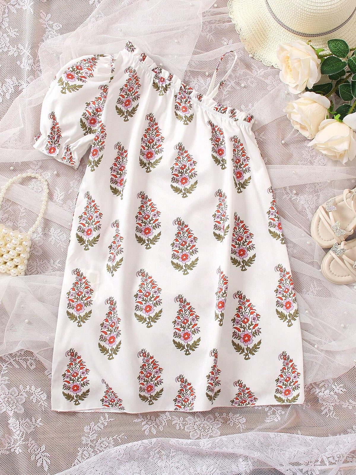 Young Girls' Random Printed Oblique-Shoulder Dress