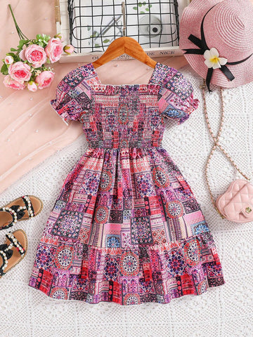Young Girls' Random Printed Puff Sleeve Dress
