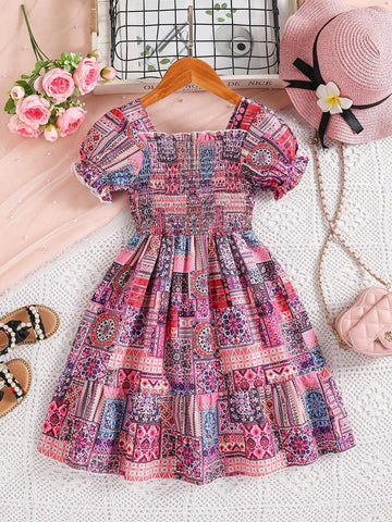 Young Girls' Random Printed Puff Sleeve Dress