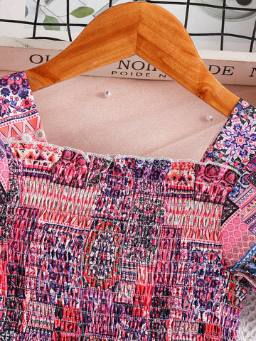 Young Girls' Random Printed Puff Sleeve Dress