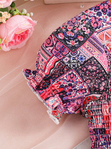 Young Girls' Random Printed Puff Sleeve Dress