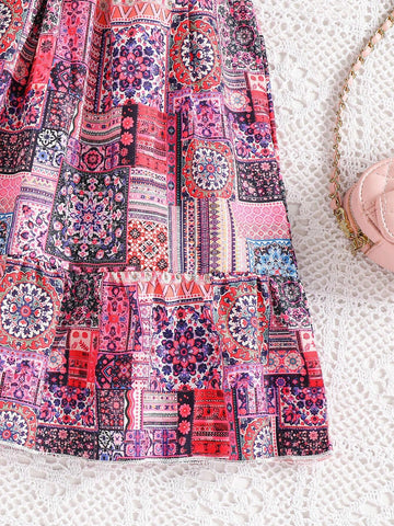 Young Girls' Random Printed Puff Sleeve Dress
