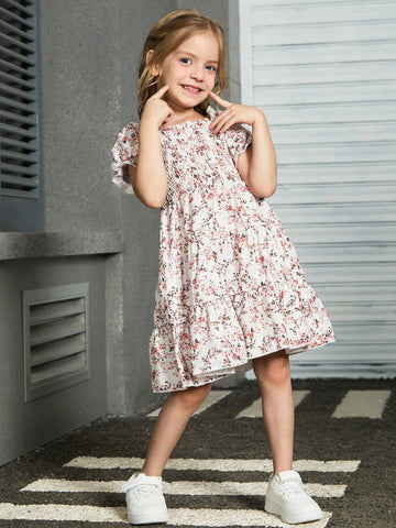 Young Girls' Random Printed Puff Sleeve Ruffle Dress