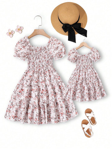 Young Girls' Random Printed Puff Sleeve Ruffle Dress