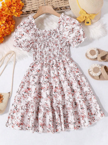 Young Girls' Random Printed Puff Sleeve Ruffle Dress