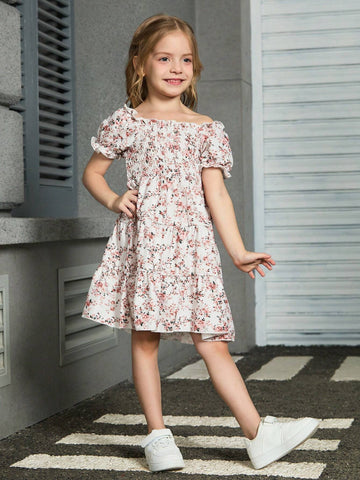 Young Girls' Random Printed Puff Sleeve Ruffle Dress