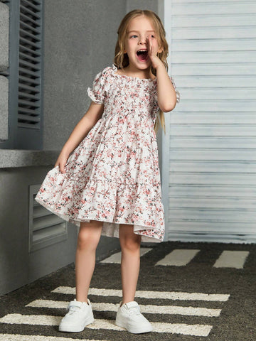 Young Girls' Random Printed Puff Sleeve Ruffle Dress