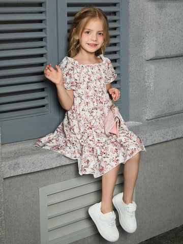 Young Girls' Random Printed Puff Sleeve Ruffle Dress