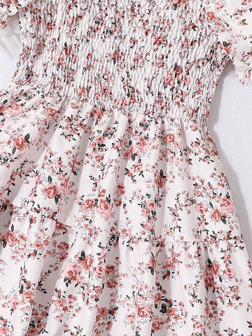 Young Girls' Random Printed Puff Sleeve Ruffle Dress