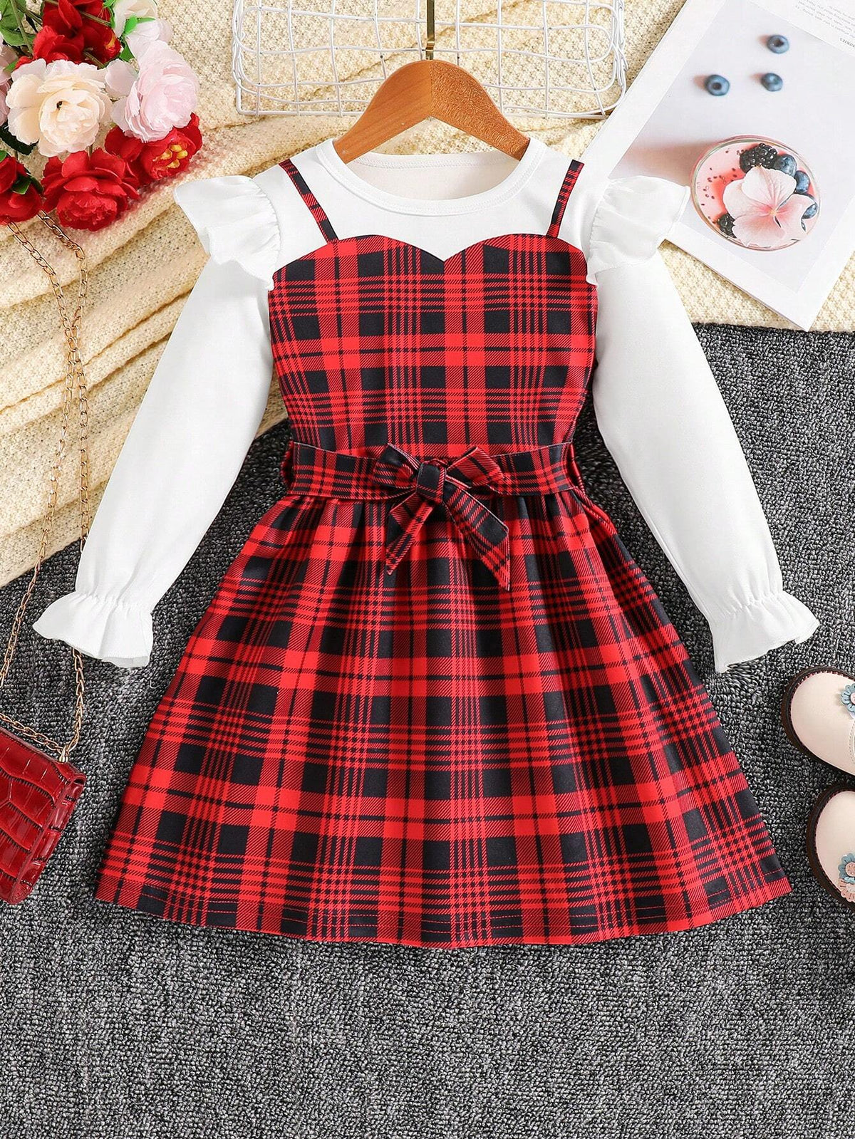 Young Girls Red Plaid 2 In 1 Lantern Sleeve Knee-Length Dress, Spring/Autumn