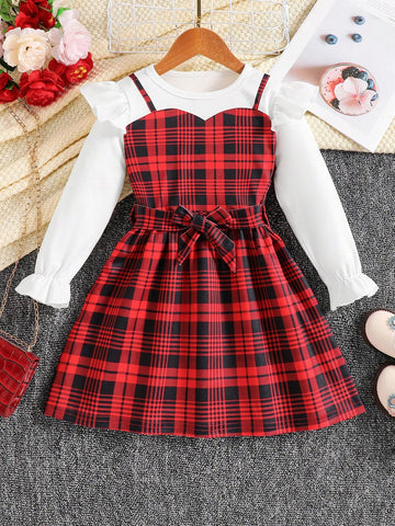 Young Girls Red Plaid 2 In 1 Lantern Sleeve Knee-Length Dress, Spring/Autumn